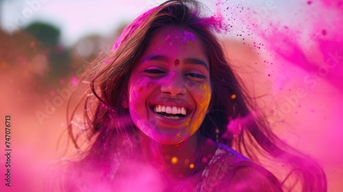 Colorful woman surrounded by colorful dust, smiling brightly.. Fictional Character Created By Generated By Generated AI.
