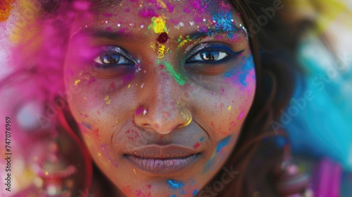A Colorful Indian Woman with Paint on Her Face and Arm. Fictional Character Created By Generated By Generated AI.