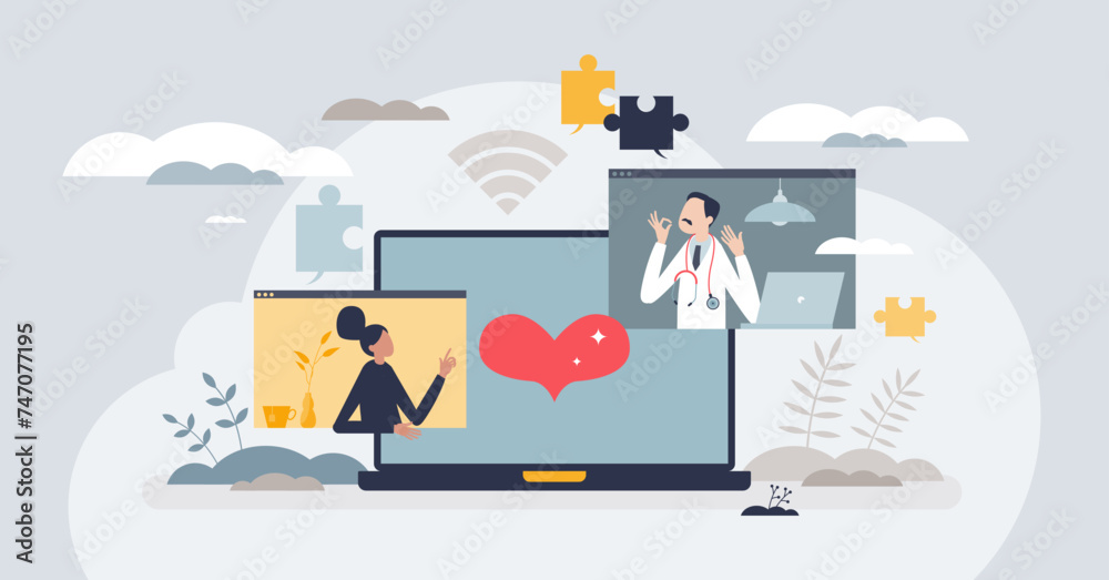 Telehealth services using videocall to talk with doctor tiny person concept. Telemedicine technology as fast and effective remote method for consultation vector illustration. Healthcare specialist. Telehealth services using videocall to talk with doctor tiny person concept. Telemedicine technology as fast and effective remote method for consultation vector illustration. Healthcare specialist.