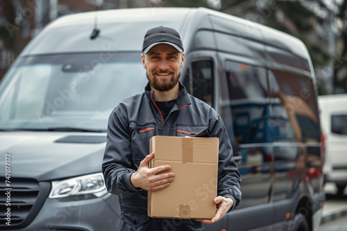 Male courier smiling with a cardboard box against a modern delivery van. Professional portrait with a vehicle. Express delivery service concept. Design for banner, poster, advertisement. © Dmitry