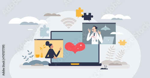 Telehealth services using videocall to talk with doctor tiny person concept. Telemedicine technology as fast and effective remote method for consultation vector illustration. Healthcare specialist.