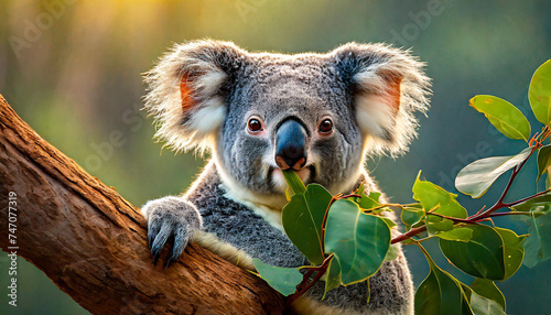 Koala Bear Sit On The Branch of the tree and eat leaves 4K Wallpaper © Sumbul
