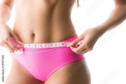 Embrace a healthy lifestyle with a slim woman measuring waist in UHD image style, featuring high-key lighting and karencore aesthetics. AI generative photo