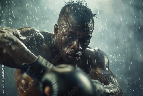 Close-up of a determined boxer's face, enduring a heavy downpour while engaging in a vigorous bout. photo