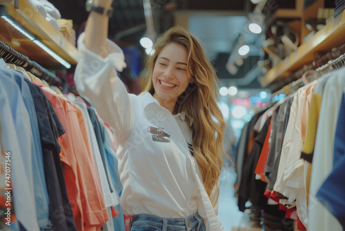 Young girl is choosing clothes in the shopping mall