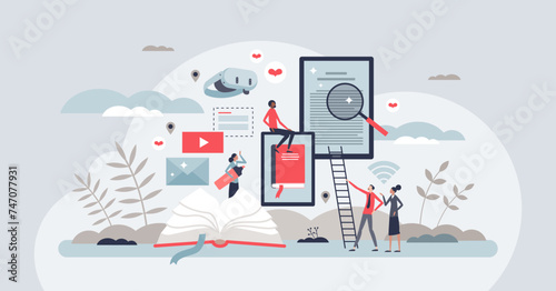 Digital learning hub and modern online study platform tiny person concept. Using technology for academical knowledge and teaching vector illustration. E-learning website with AI skills integration.