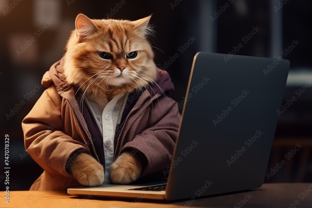 A cat in clothes works on a laptop in the evening in the room.
