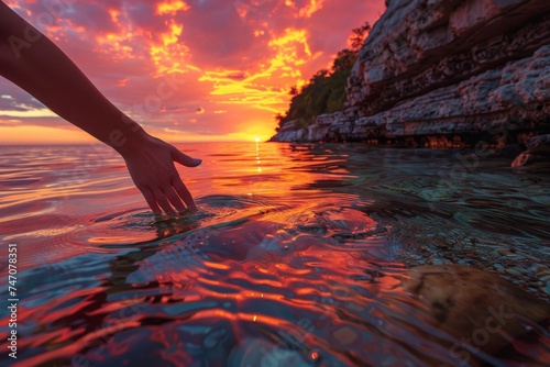 A person s hand caresses the calm sea under a dramatic red sunset sky.