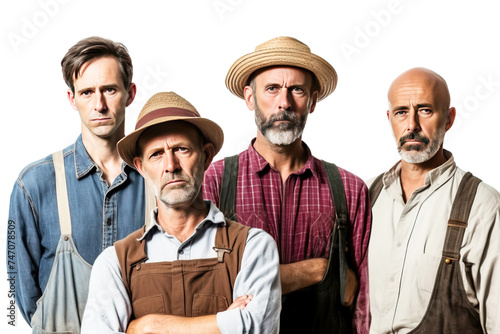 Group of irritated, angry male farmer in work clothes, white background isolate.