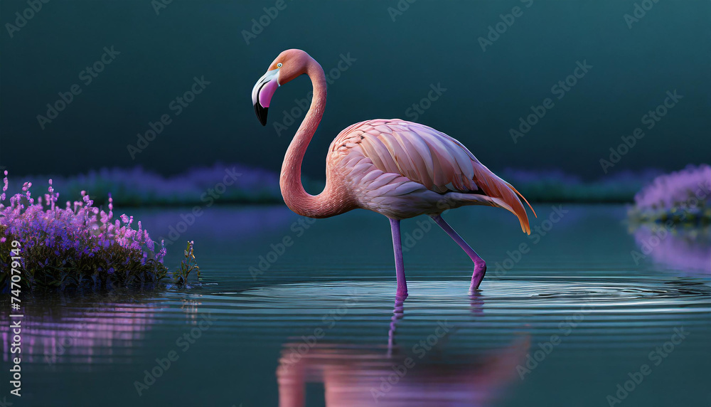 Flamingo Stand in The Water With Beautiful background Nature 4K Wallpaper  - obrazy, fototapety, plakaty 