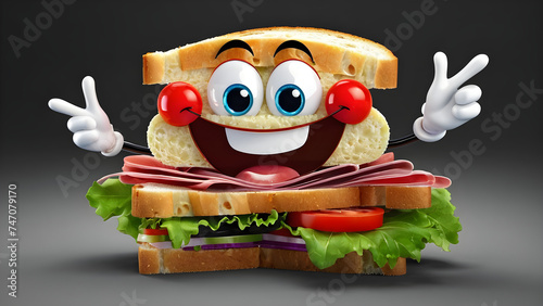 a cartoon with a happy face funny sandwich on a black background. looking cute, adorable, and joyful. sandwich cartoon illustration. trendy style.