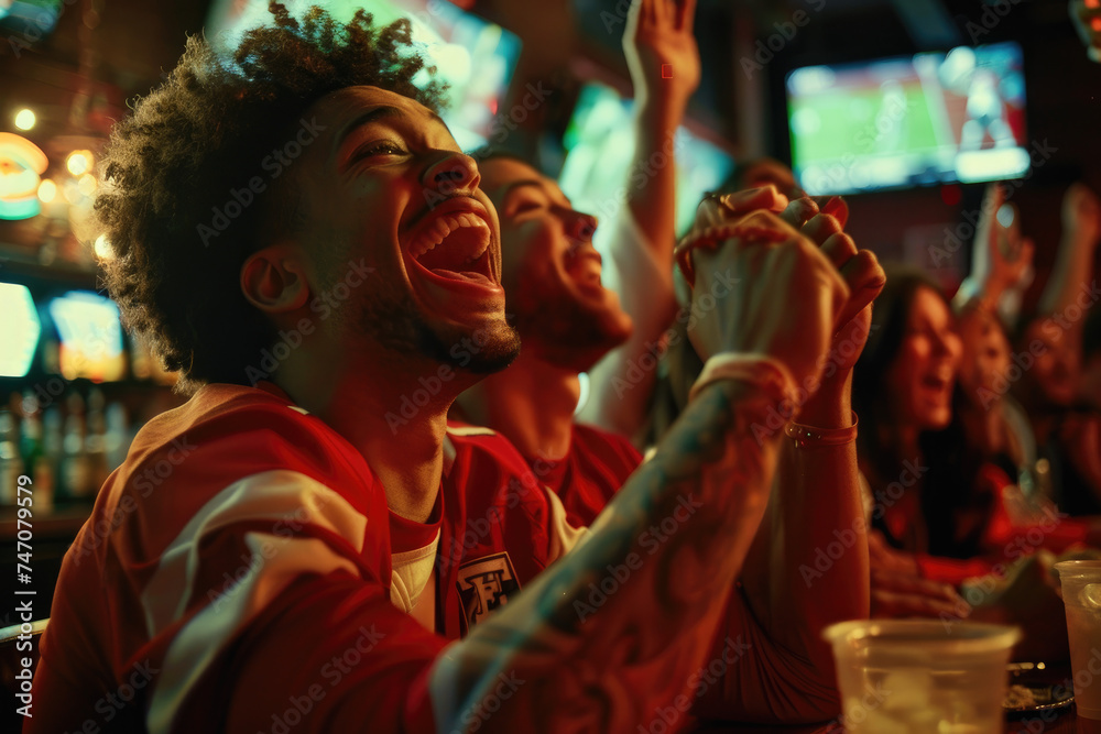 young people cheering while watching sports game in bar