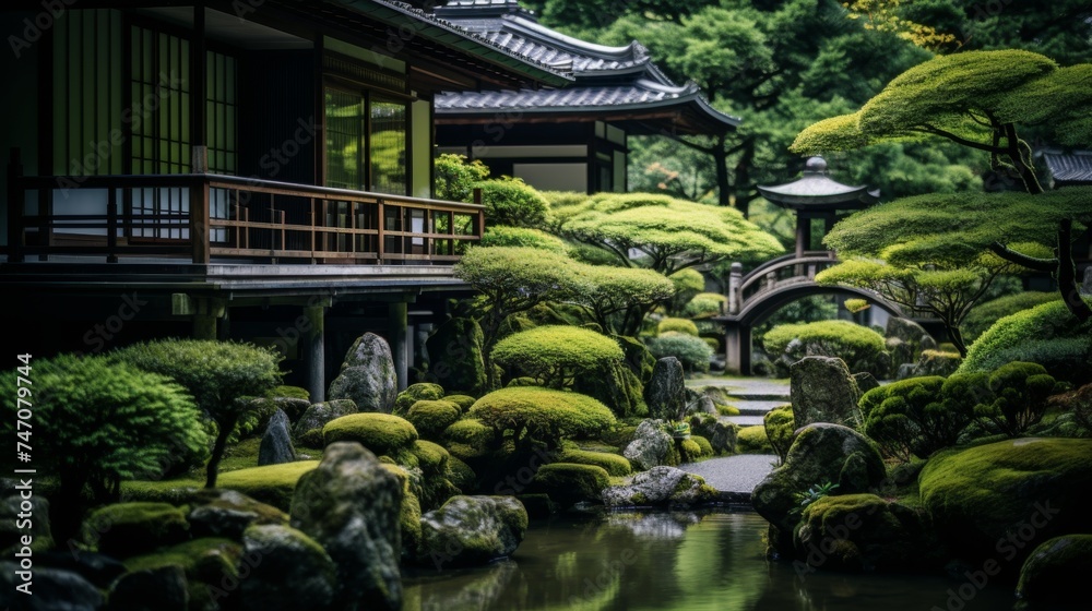 Japanese garden with bonsai trees, koi ponds, and stone pathways for a serene ambiance. Japanese garden with bonsai trees, koi ponds, and stone pathways for a serene ambiance.