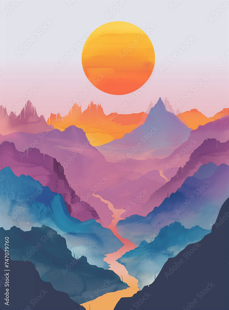 Minimalist painting capturing the serene beauty of a sun setting over mountains. The artwork elegantly conveys the tranquility and simplicity of nature's breathtaking spectacle. - obrazy, fototapety, plakaty 