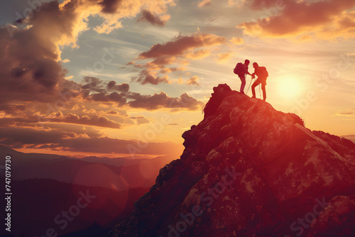 二人の男性が協力して山の登頂に挑んでいる © dadakko