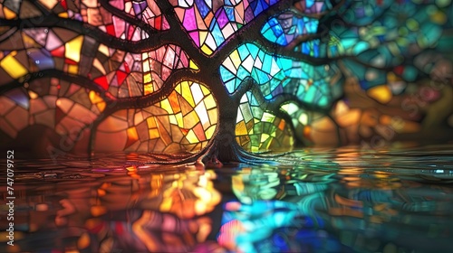 stained glass window with a tree