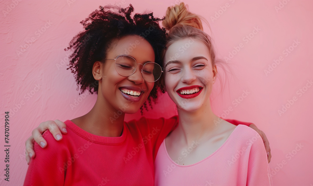 Vibrant image featuring two friends, one black and one white, against a colorful background, showcasing the beauty of diversity and friendship. Vibrant image featuring two friends, one black and one white, against a colorful background, showcasing the beauty of diversity and friendship.