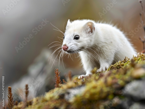 Curious ermine peeks over a tree trunk, its white fur contrasting with dark background.