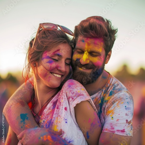 A hug between a man and a woman covered in colorful paint. Fictional Character Created By Generated By Generated AI.