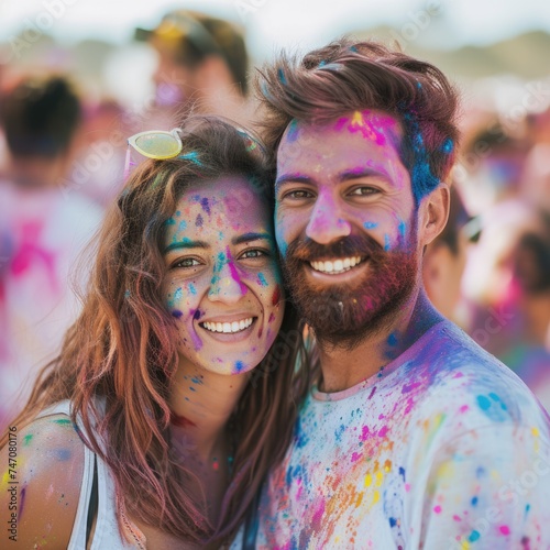 A Happy Couple Playing in the Colorful Paint Festival. Fictional Character Created By Generated By Generated AI. © shelbys