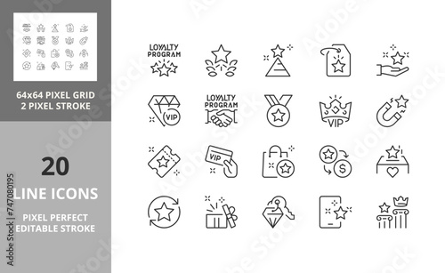 Line icons about loyalty programs. Editable vector stroke. 64 and 256 Pixel Perfect scalable to 128px...