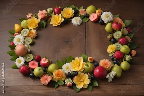 A circle of fruit flowers on a wooden table