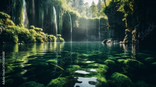 Serene waterfall streaming down rocky cliff into clear pool amid lush greenery and wildlife