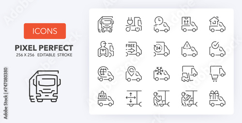 Trucks and road transport, thin line icon set. Outline symbol collection. Editable vector stroke. 256x256 Pixel Perfect scalable to 128px, 64px... © Artco