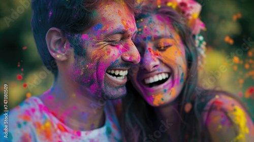 A joyful moment with colorful paint splashing on the couple's faces. Fictional Character Created By Generated By Generated AI.