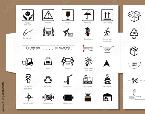 Shipping mark guide set icons. Vector elements. Can use for your design, interface, website, infographic and etc. Prepared for use in any size on different devices. EPS10.