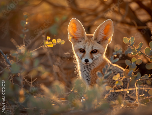 A curious Fennec fox gazes into the distance, its large ears and eyes capturing the essence of dry desert wildlife.