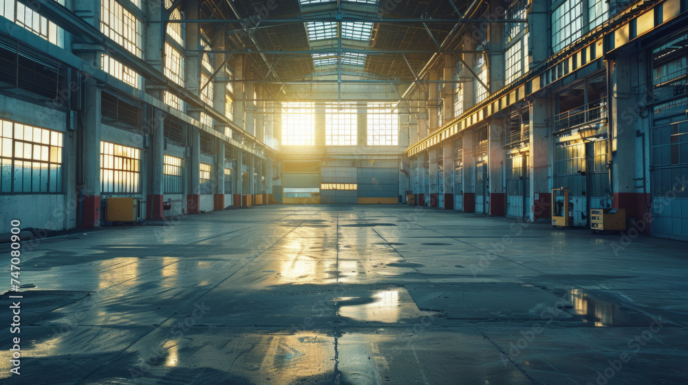 Large empty industrial warehouse with a concrete floor bathed in golden sunlight filtering through large windows during sunrise or sunset, evoking a sense of spaciousness and potential.