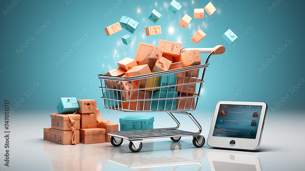 Shopping cart and laptop, online product sales strategy.