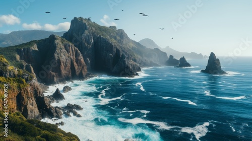 Panoramic ocean cliffside with windswept views, seabirds soaring, and waves crashing on rocks