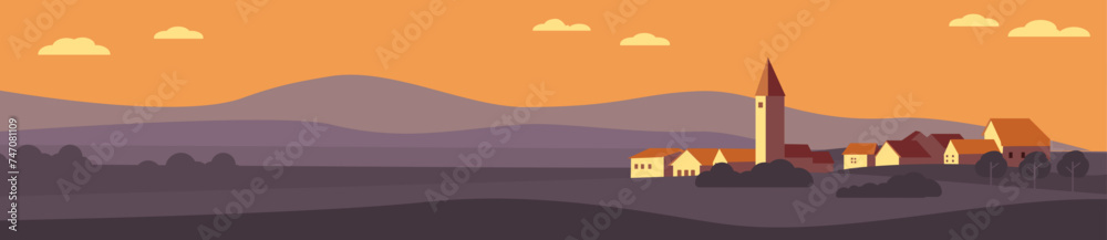 Naklejka premium Vector skyline bakground illustration,sunset in the mountains with houses
