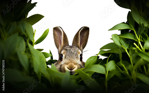 Curious Fluffy Rabbit Peeking from Behind a Bush Isolated on Transparent Background PNG. © Faizan