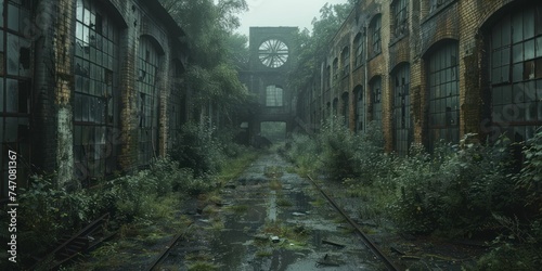 Abandoned Industrial Giants: Nature claims space in deserted factories with rusting machines and silent belts. photo