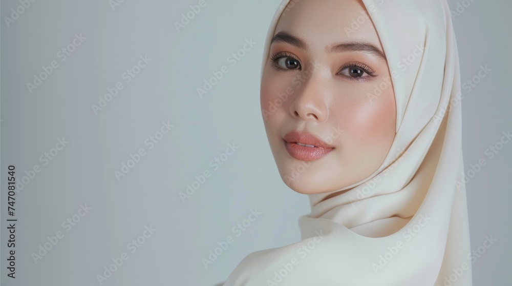 Elegant Young Woman Wearing a White Hijab Posing for a Portrait in a ...