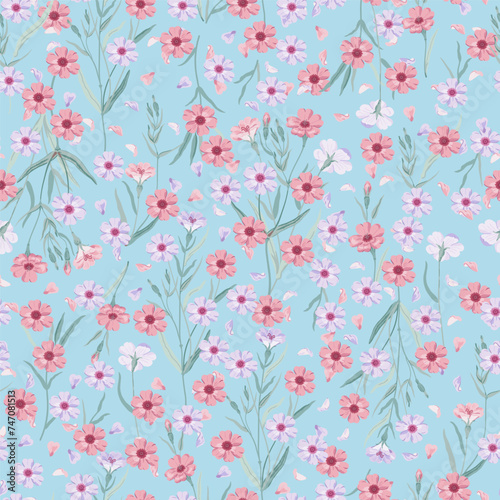 Cute floral pattern. Seamless vector texture. An elegant template for fashionable prints. Print with lilac and pink flowers on a blue background.