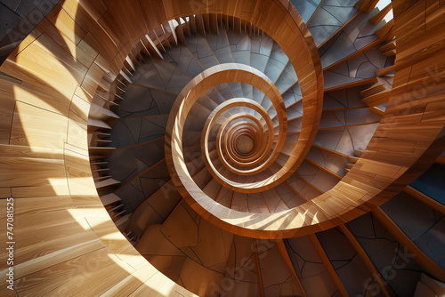From a bird s-eye view  a spiral staircase ascends upwards in the daylight. The staircase s intricate design creates a mesmerizing pattern. A sense of movement and energy is conveyed