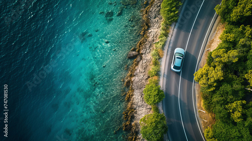 A sleek electric car cruises on a road surrounded by the sea, captured from a top-down aerial perspective. AI generative creativity.