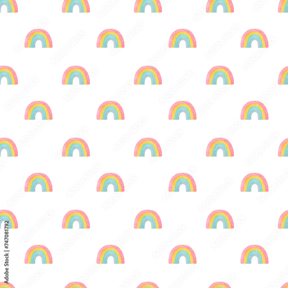 A pattern of simple bright watercolor illustrations of beautiful colorful rainbow. Hand-drawn. A pattern of simple bright watercolor illustrations of beautiful colorful rainbow. Hand-drawn.