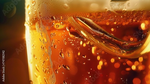 A closeup glass of beer. Yellow liquid with bubbles and foam in a glass.
