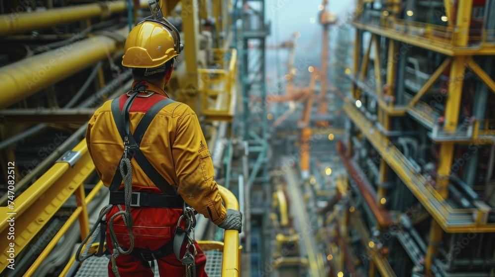 Fototapeta premium Maintenance personnel in safety harnesses ensure safety and efficiency on cranes amid towering machinery.