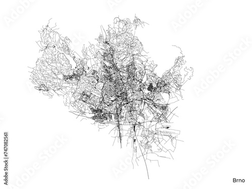Brno city map with roads and streets, Czech Republic. Vector outline illustration.