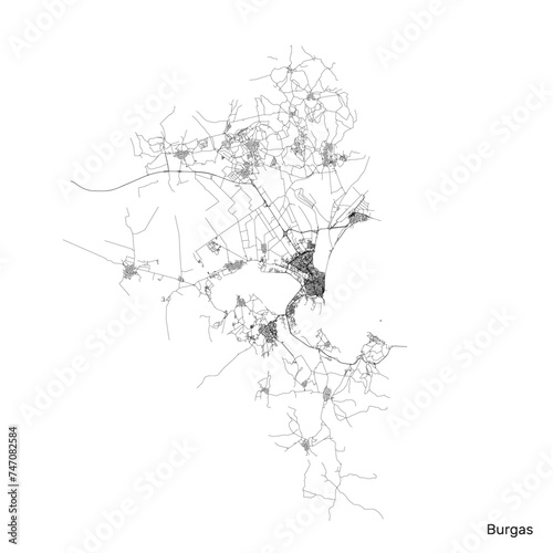 Burgas city map with roads and streets, Bulgaria. Vector outline illustration.
