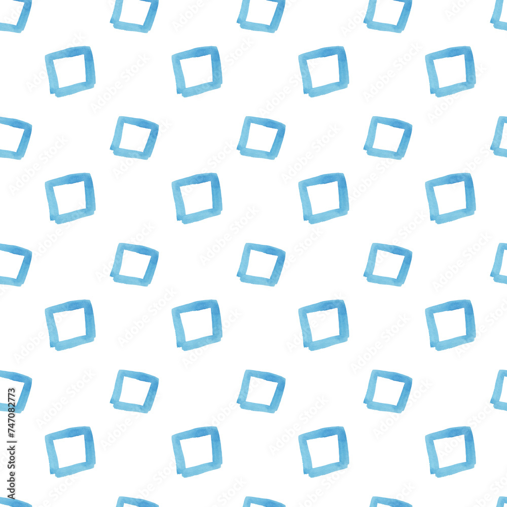 A pattern of simple bright watercolor illustrations of abstract blue square elements . Hand-drawn..