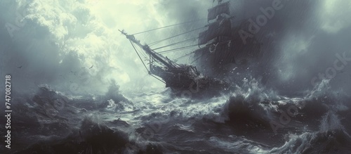 Perilous Journey: Ship Battling Through a Violent Storm at Sea