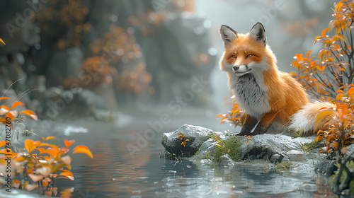 fantasy landscape full of magical foxes