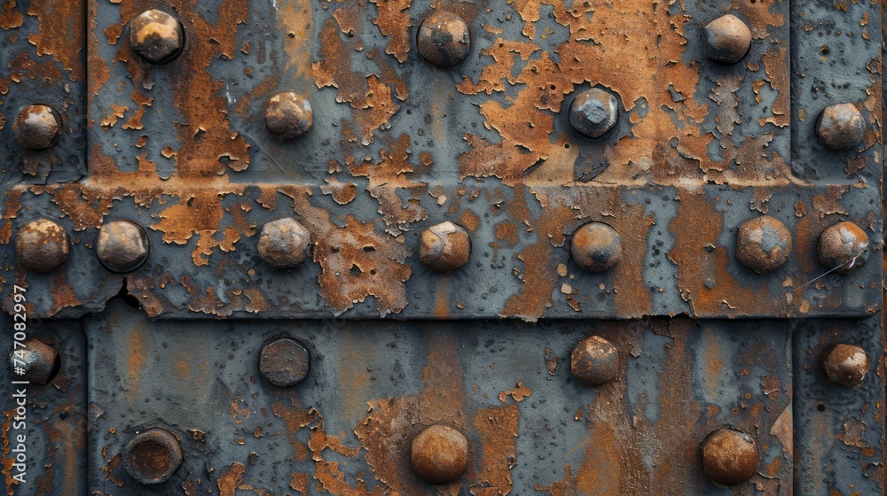 Close-up of aged metal, rust and rivets narrating stories of industry's endurance against time.